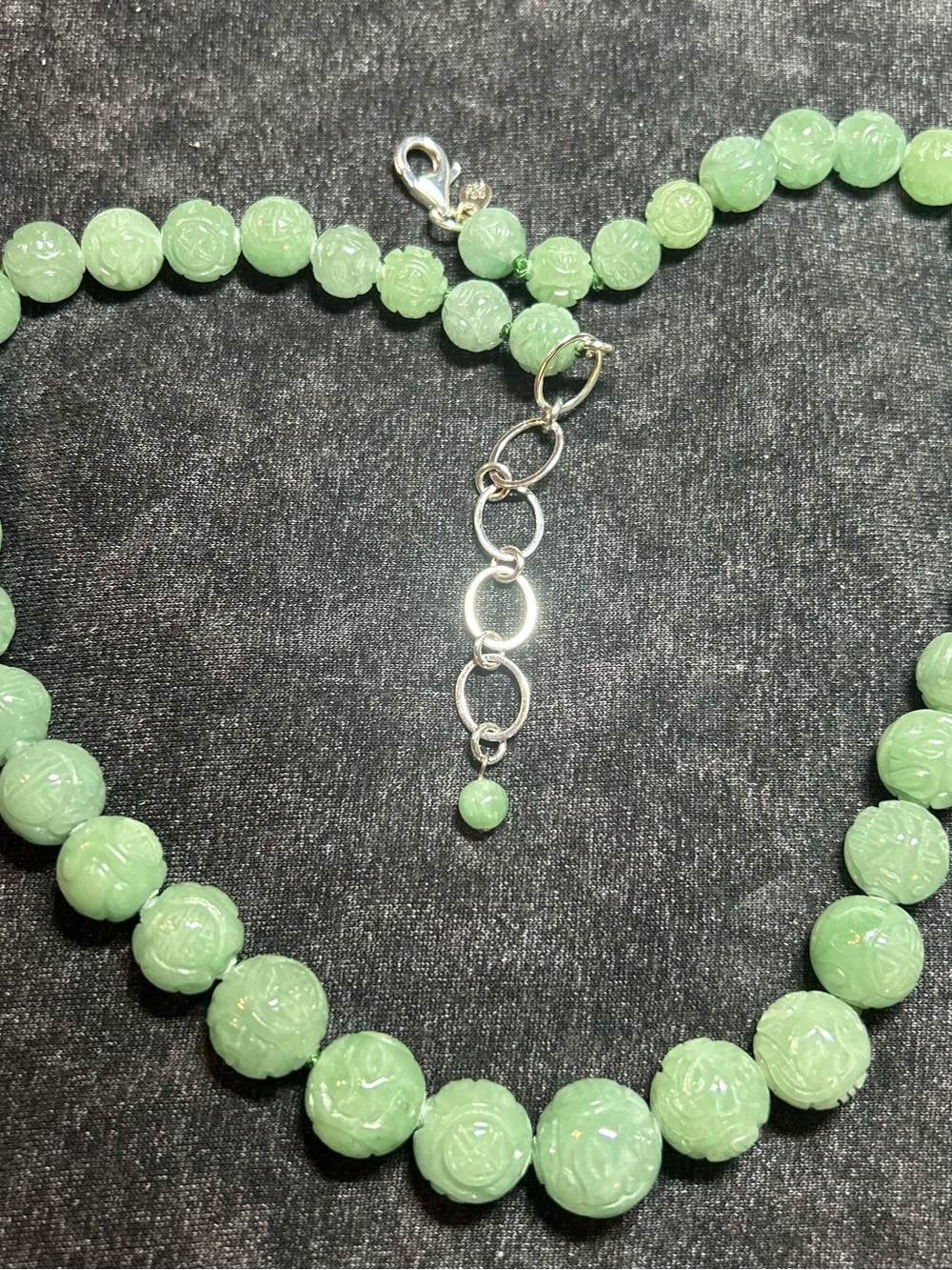 Green Jade Carved Beaded Necklace 925 St Silver Adjustable Lobster Clasp 90.46g